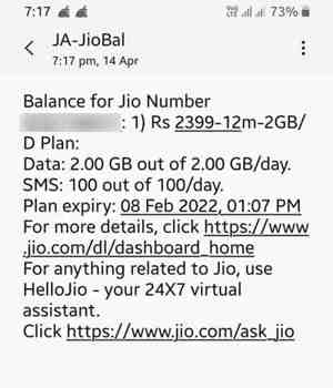 check JIO Data Balance