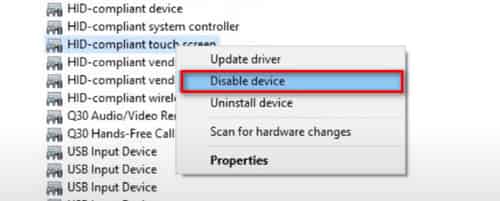disable the touch screen in windows 10