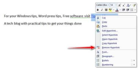 how to remove hyperlink in word document