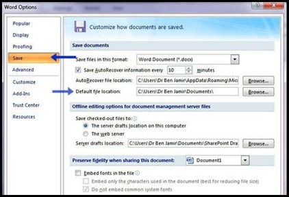 change default file location for saving in word